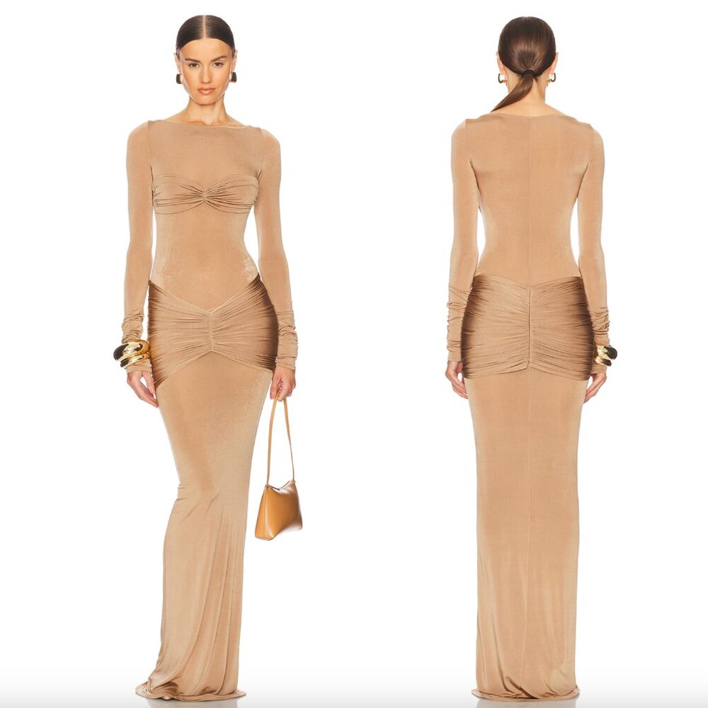 Helsa Josephine Maxi Dress in Truffle Tan Brown Sheer Long Sleeve Gown XS
